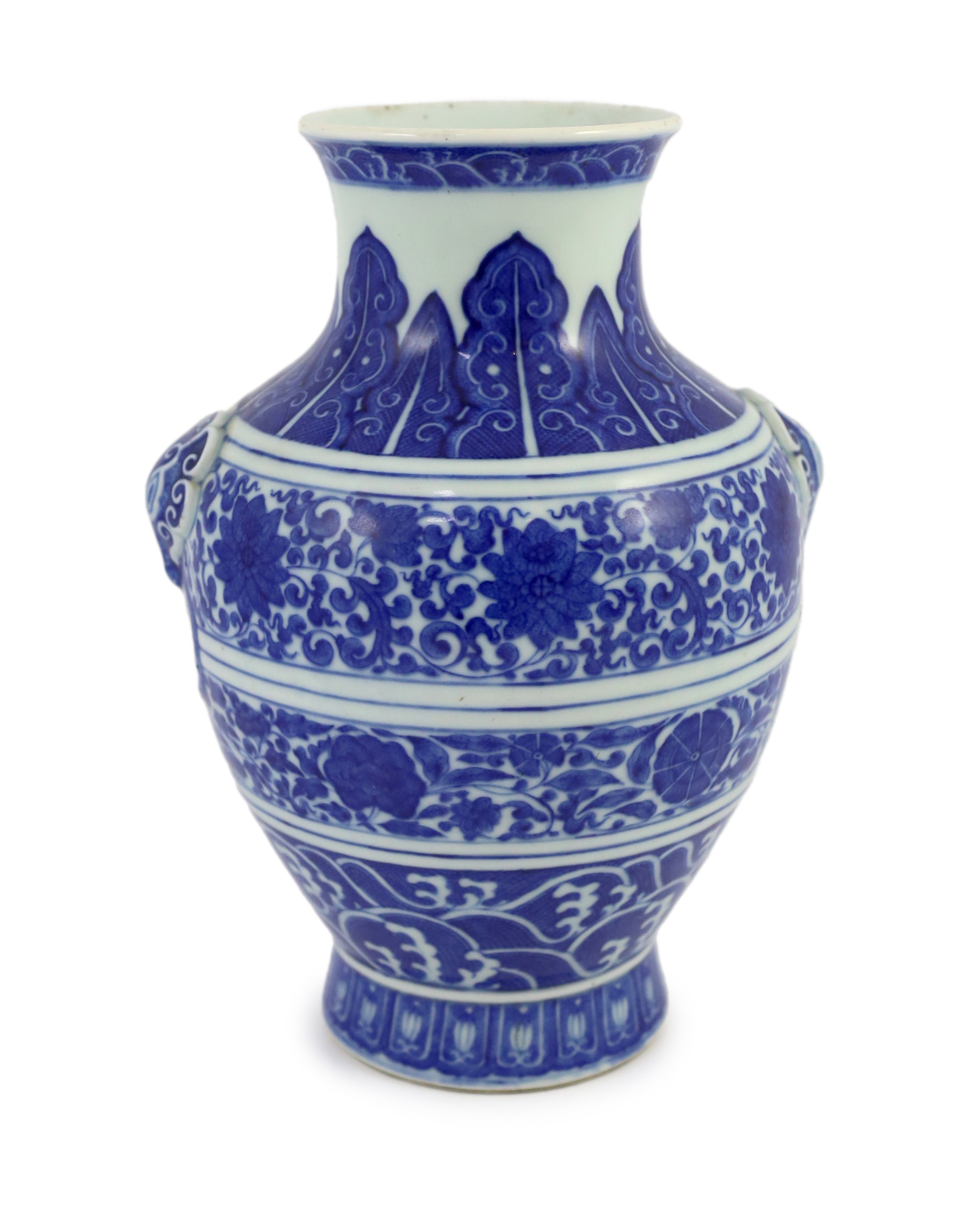 A Chinese blue and white ‘lotus’ vase, hu, Qianlong seal mark but Republic period